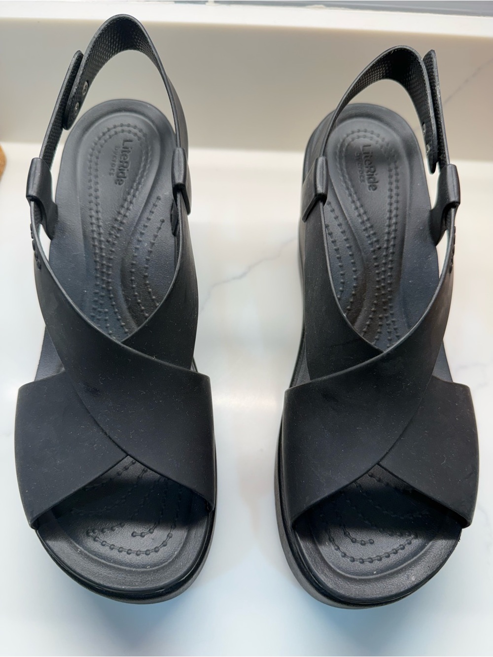 CROCS  -  Black Platform Cross-Strap Slingback Sandals.